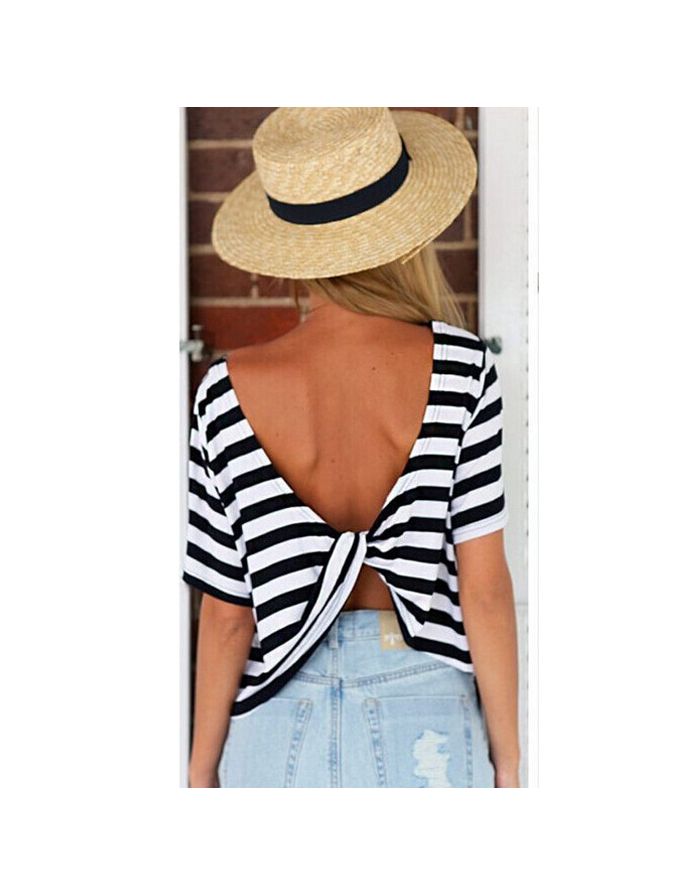 Summer Short-Sleeved Black and White Striped Cotton T-shirt with Open Cross Back